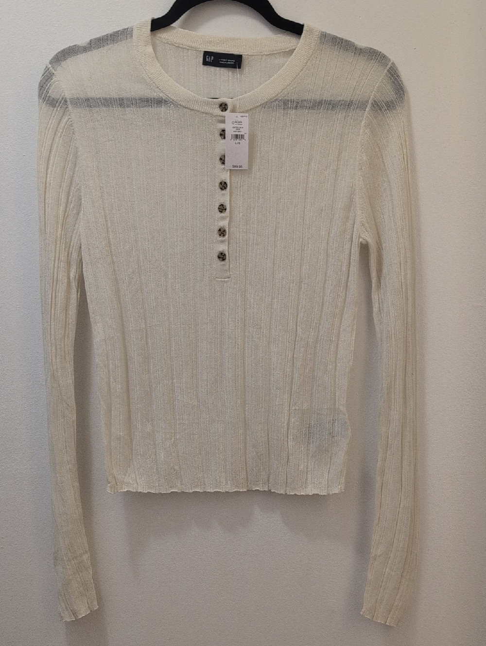 Gap Women's Sheer Cream Ribbed Button Henley Top
